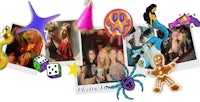 a collage of photos and pictures of people with party hats