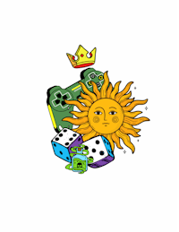 a sun with a crown and dice on a white background