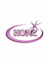 a pink logo with the word home